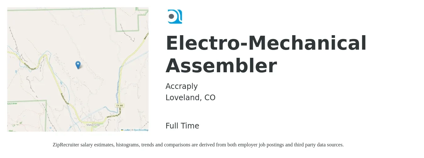 Accraply job posting for a Electro-Mechanical Assembler in Loveland, CO with a salary of $24 to $26 Hourly with a map of Loveland location.