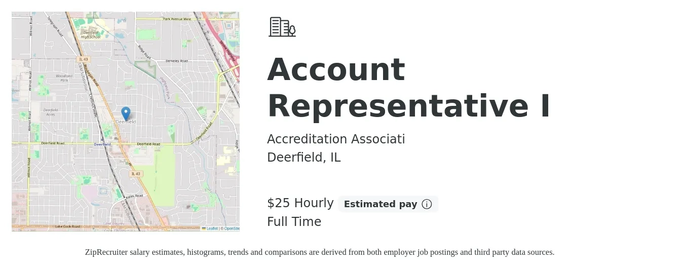 Accreditation Associati job posting for a Account Representative I in Deerfield, IL with a salary of $26 Hourly with a map of Deerfield location.