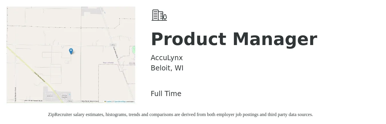 AccuLynx job posting for a Product Manager in Beloit, WI with a salary of $133,700 to $186,900 Yearly with a map of Beloit location.