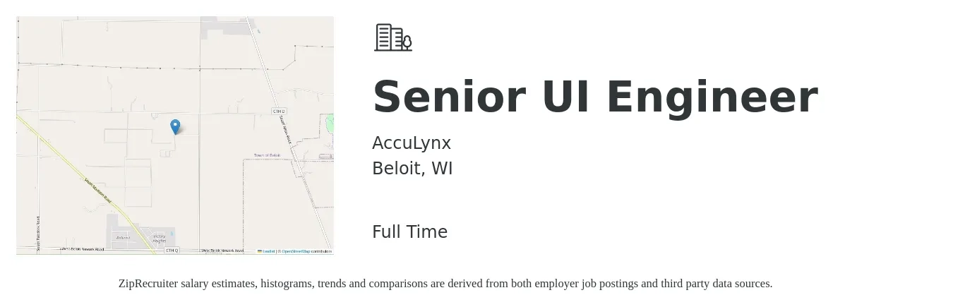 AccuLynx job posting for a Senior UI Engineer in Beloit, WI with a salary of $127,100 to $158,400 Yearly with a map of Beloit location.
