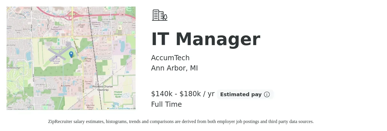 AccumTech job posting for a IT Manager in Ann Arbor, MI with a salary of $140,000 to $180,000 Yearly with a map of Ann Arbor location.
