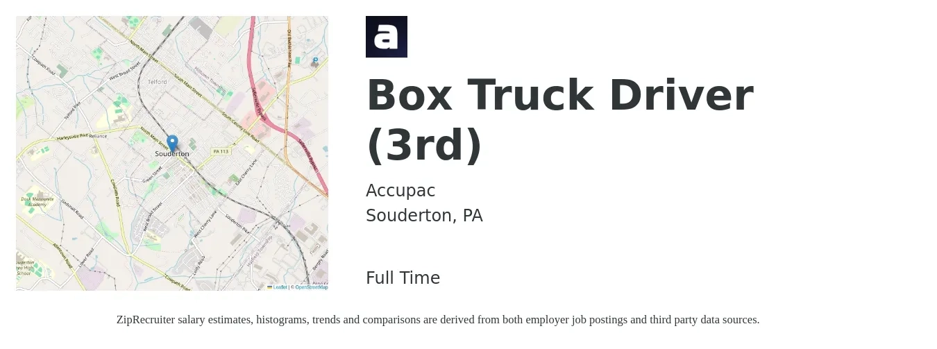 Accupac job posting for a Box Truck Driver (3rd) in Souderton, PA with a salary of $18 to $23 Hourly with a map of Souderton location.