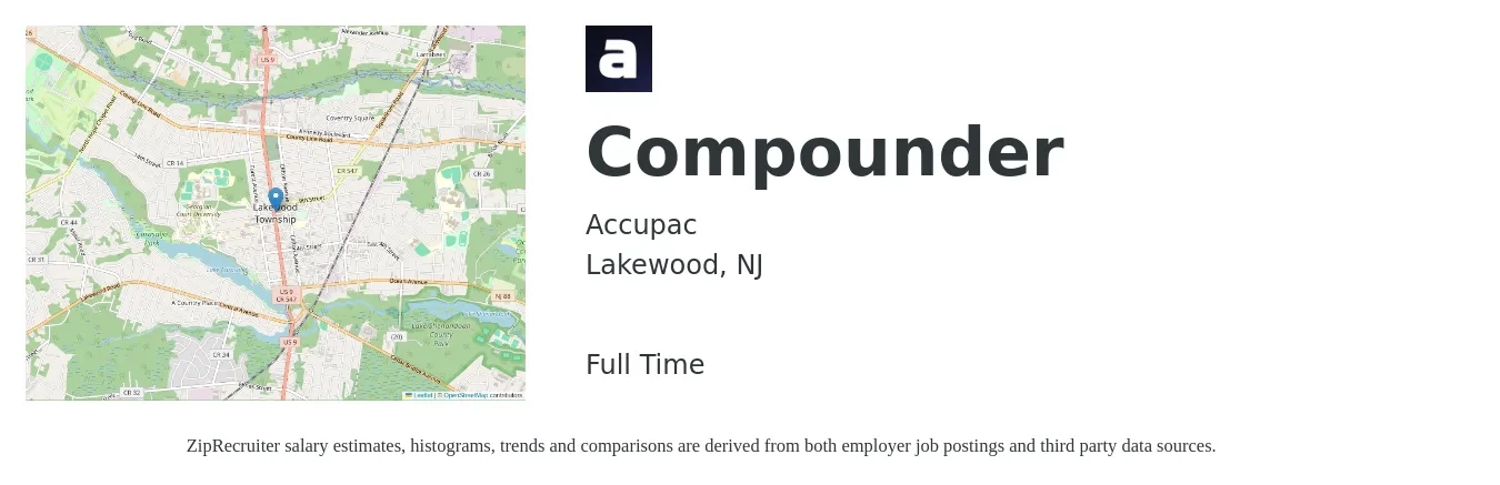 Accupac job posting for a Compounder in Lakewood, NJ with a salary of $18 to $24 Hourly with a map of Lakewood location.