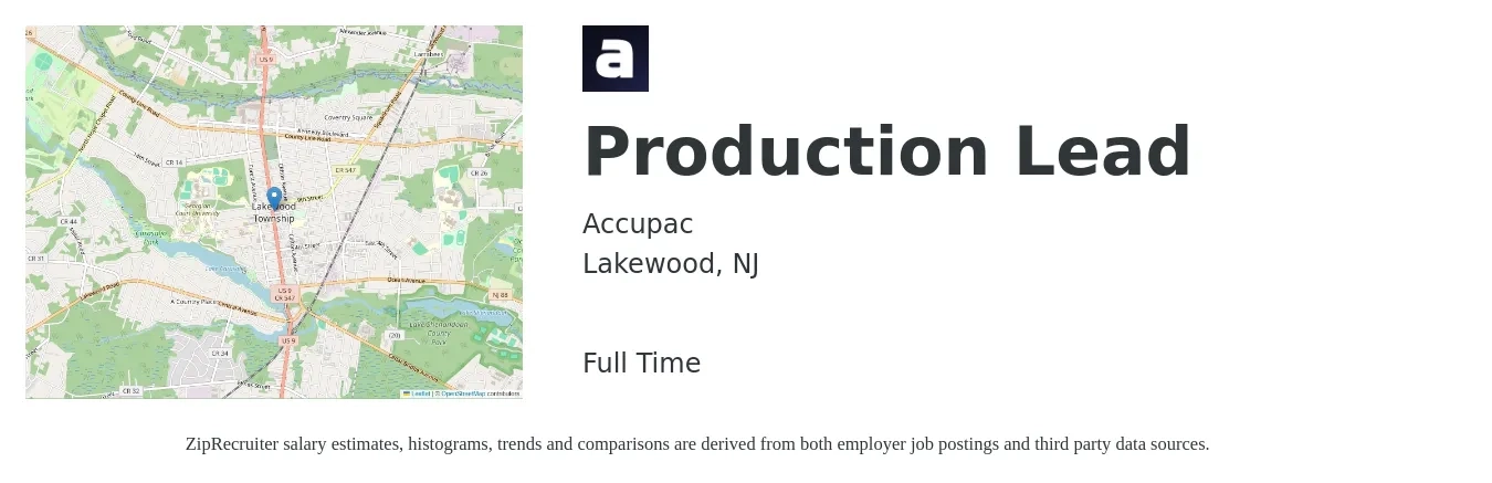 Accupac job posting for a Production Lead in Lakewood, NJ with a salary of $18 to $26 Hourly with a map of Lakewood location.