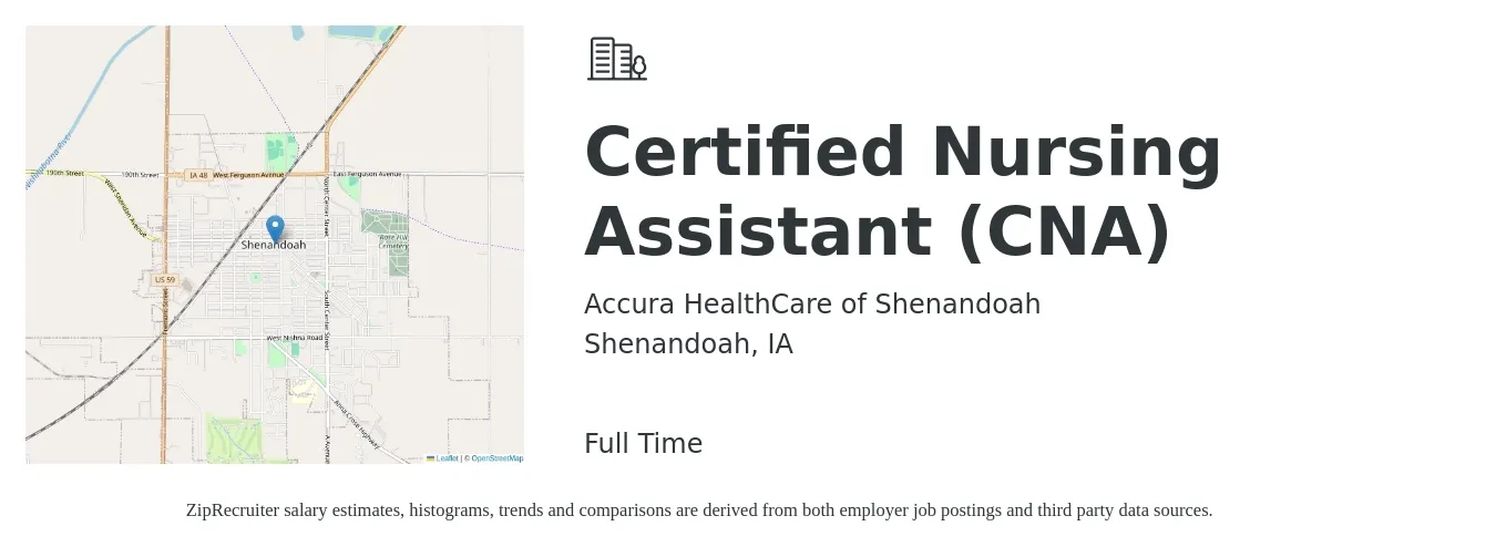 Accura HealthCare of Shenandoah job posting for a Certified Nursing Assistant (CNA) in Shenandoah, IA with a salary of $17 to $23 Hourly with a map of Shenandoah location.