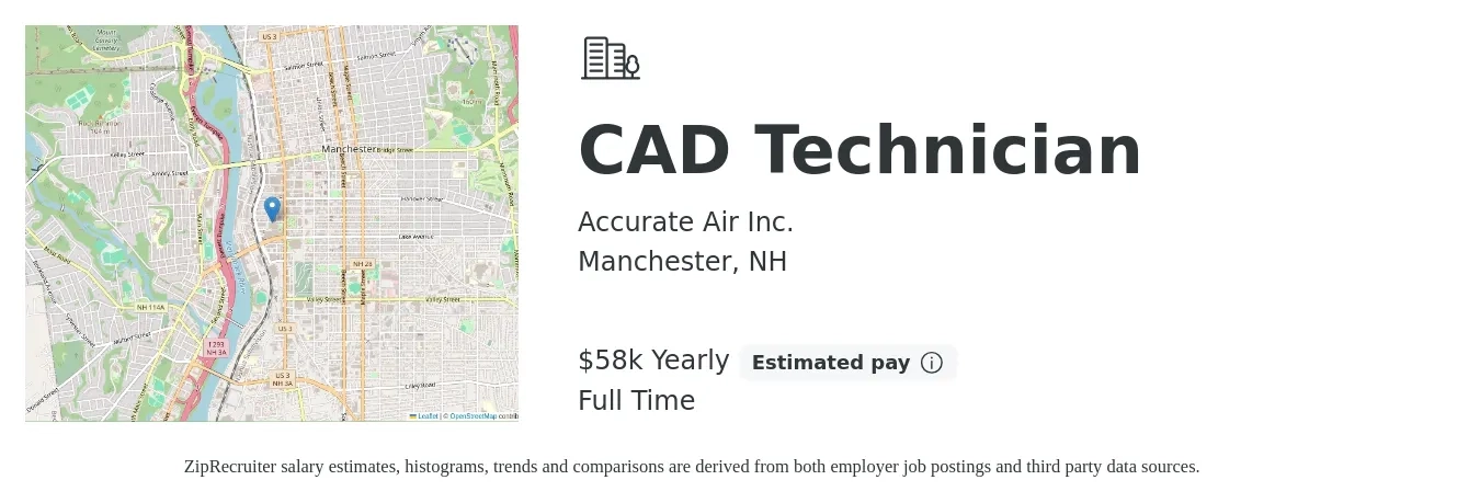 Accurate Air Inc. job posting for a Cad Technician in Manchester, NH with a salary of $58,000 Yearly with a map of Manchester location.