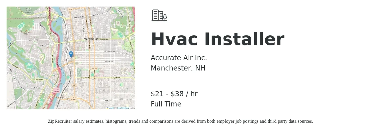 Accurate Air Inc. job posting for a HVAC Installer in Manchester, NH with a salary of $21 to $32 Hourly with a map of Manchester location.