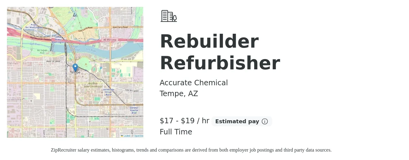 Accurate Chemical job posting for a Rebuilder Refurbisher in Tempe, AZ with a salary of $18 to $20 Hourly with a map of Tempe location.