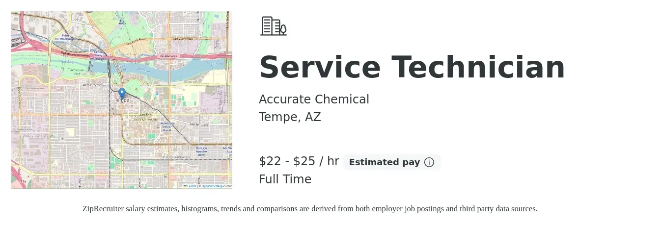 Accurate Chemical job posting for a Service Technician in Tempe, AZ with a salary of $23 to $27 Hourly with a map of Tempe location.