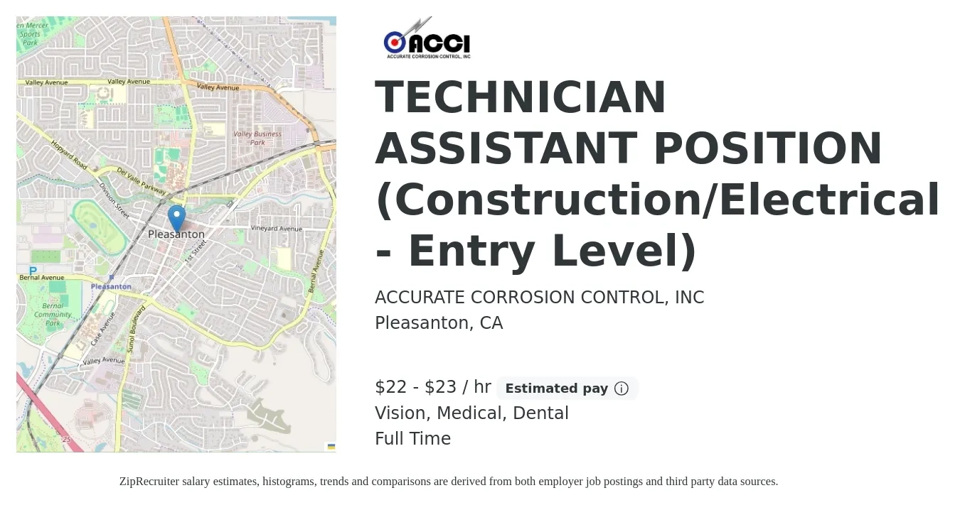 ACCURATE CORROSION CONTROL, INC job posting for a TECHNICIAN ASSISTANT POSITION (Construction/Electrical - Entry Level) in Pleasanton, CA with a salary of $24 Hourly and benefits including retirement, vision, dental, life_insurance, medical, and pto with a map of Pleasanton location.
