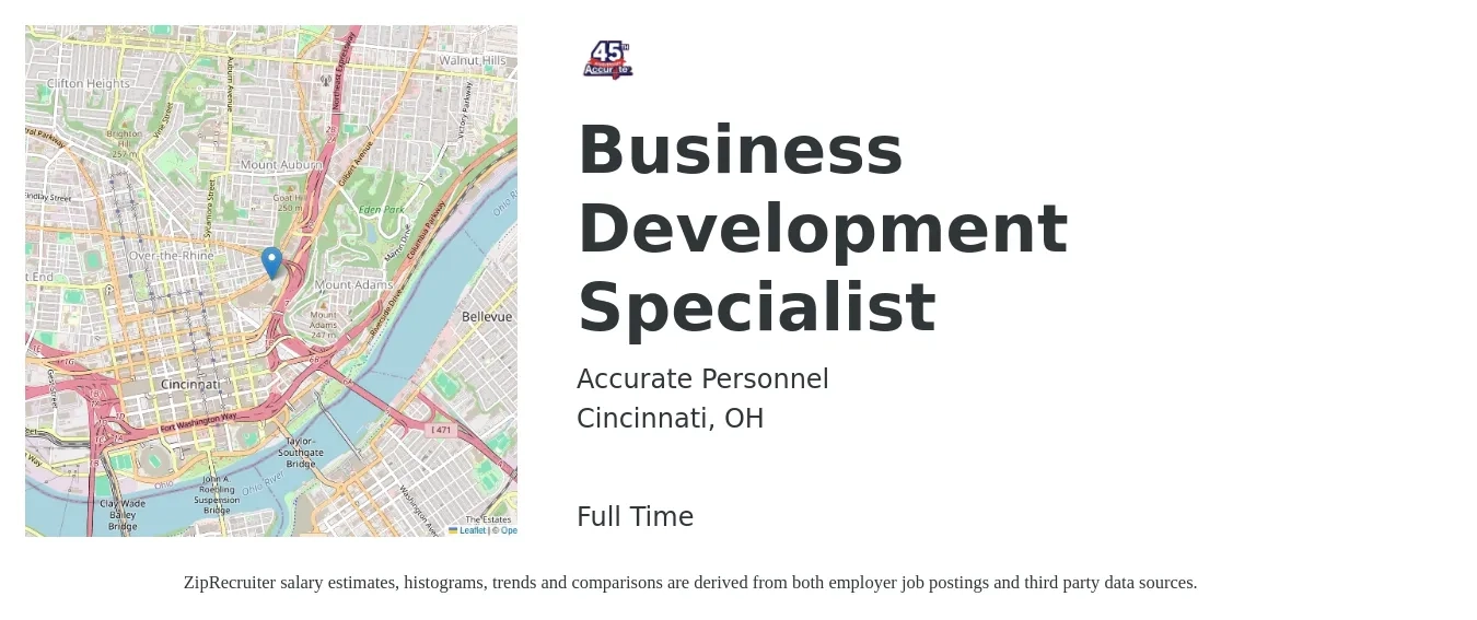 Accurate Personnel job posting for a Business Development Specialist in Cincinnati, OH with a salary of $65,000 to $80,000 Yearly with a map of Cincinnati location.