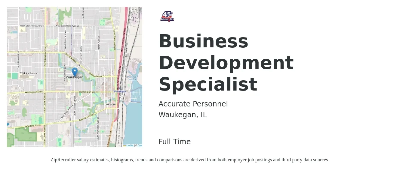 Accurate Personnel job posting for a Business Development Specialist in Waukegan, IL with a salary of $55,000 to $70,000 Yearly with a map of Waukegan location.