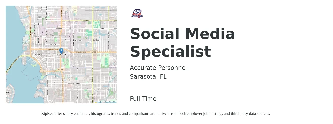 Accurate Personnel job posting for a Social Media Specialist in Sarasota, FL with a salary of $50,000 Yearly with a map of Sarasota location.