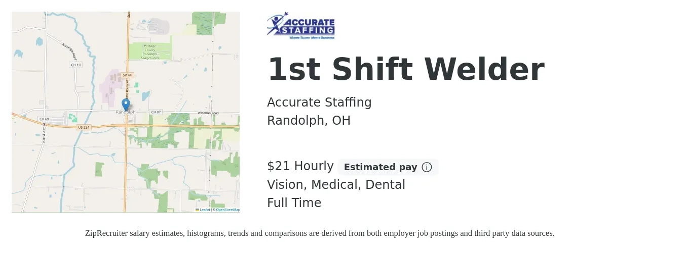 Accurate Staffing job posting for a 1st Shift Welder in Randolph, OH with a salary of $22 Hourly and benefits including medical, vision, and dental with a map of Randolph location.