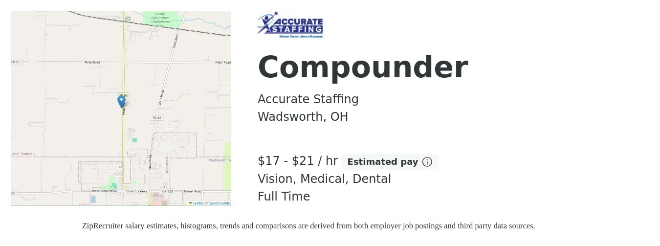 Accurate Staffing job posting for a Compounder in Wadsworth, OH with a salary of $18 to $22 Hourly and benefits including retirement, vision, dental, and medical with a map of Wadsworth location.