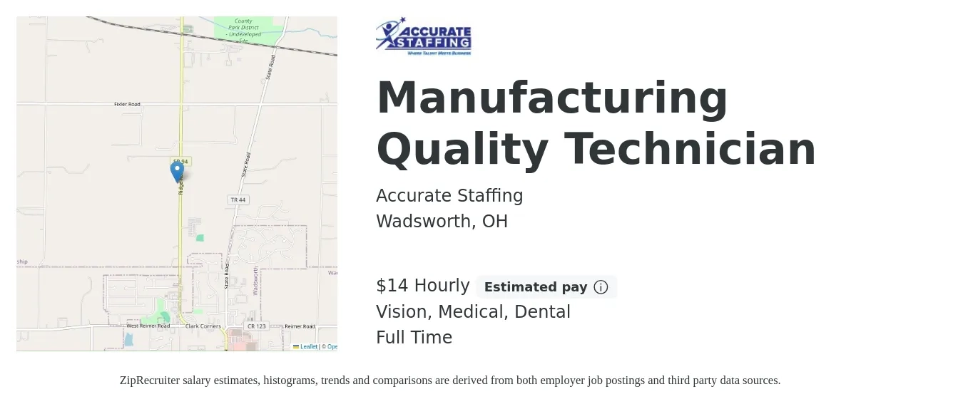 Accurate Staffing job posting for a Manufacturing Quality Technician in Wadsworth, OH with a salary of $16 Hourly and benefits including vision, dental, and medical with a map of Wadsworth location.