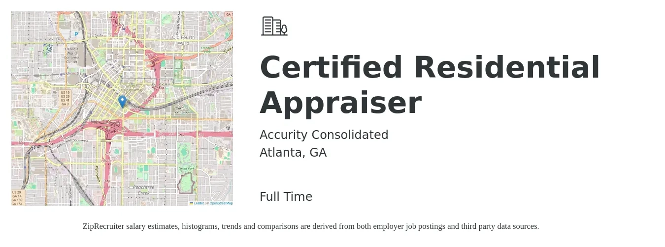 Accurity Consolidated job posting for a Certified Residential Appraiser in Atlanta, GA with a salary of $43,300 to $62,000 Yearly with a map of Atlanta location.