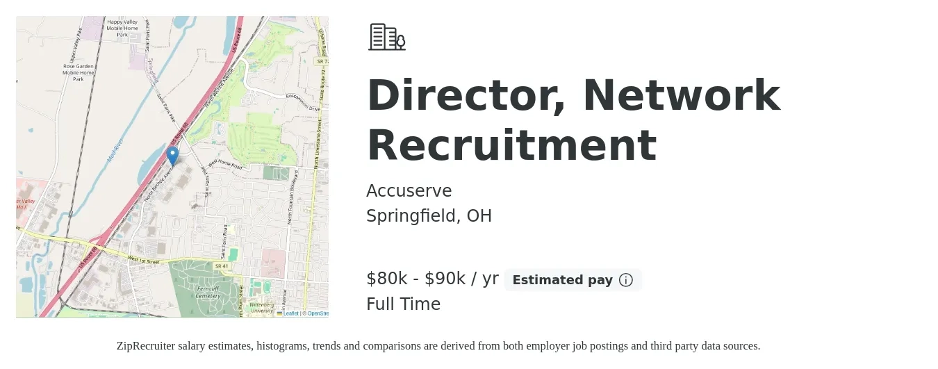 Accuserve job posting for a Director, Network Recruitment in Springfield, OH with a salary of $80,000 to $90,000 Yearly with a map of Springfield location.