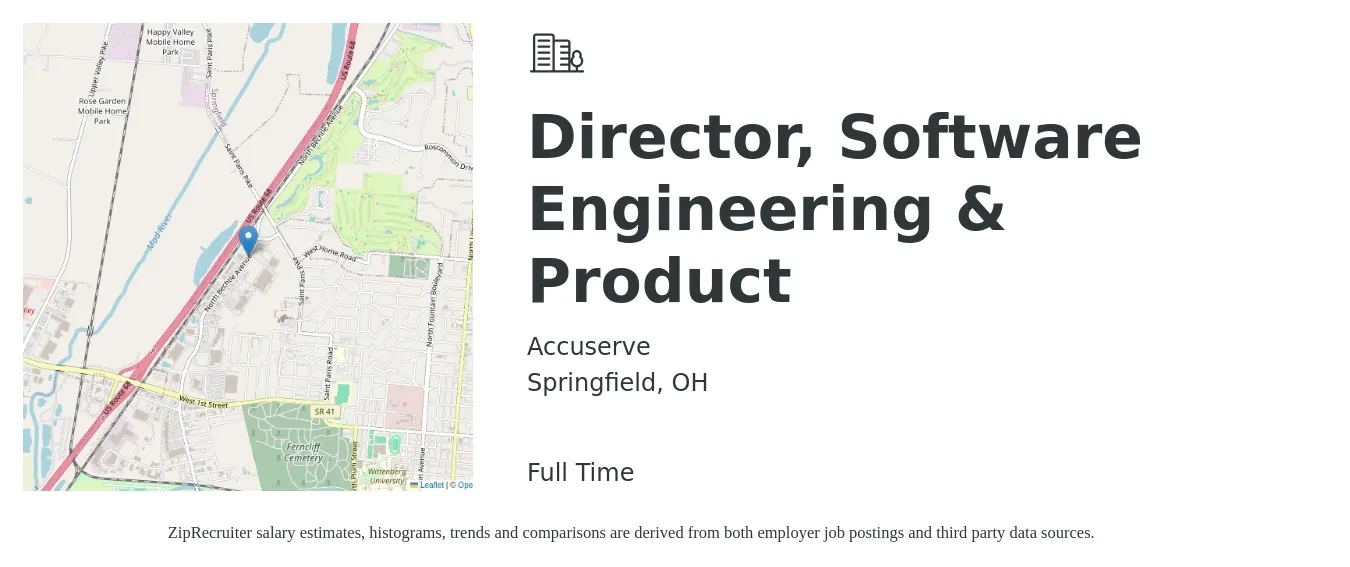 Accuserve job posting for a Director, Software Engineering & Product in Springfield, OH with a salary of $219,700 to $230,100 Yearly with a map of Springfield location.