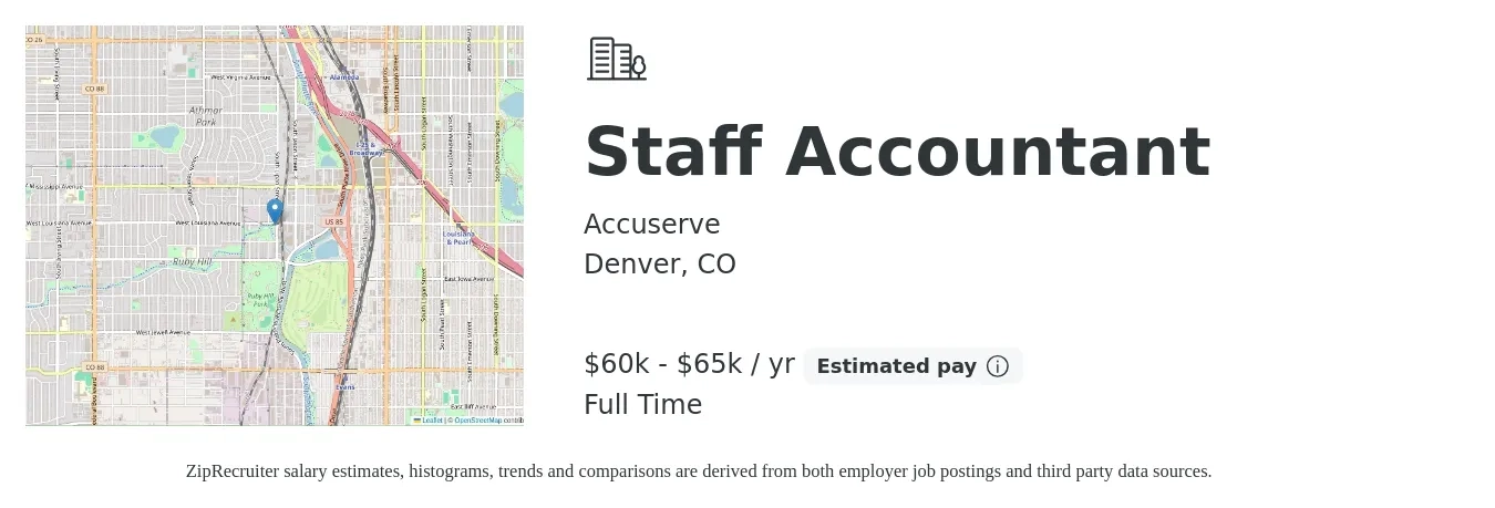 Accuserve job posting for a Staff Accountant in Denver, CO with a salary of $70,000 to $75,000 Yearly with a map of Denver location.