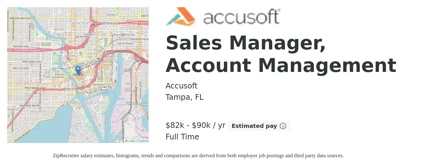Accusoft job posting for a Sales Manager, Account Management in Tampa, FL with a salary of $82,450 to $90,000 Yearly with a map of Tampa location.