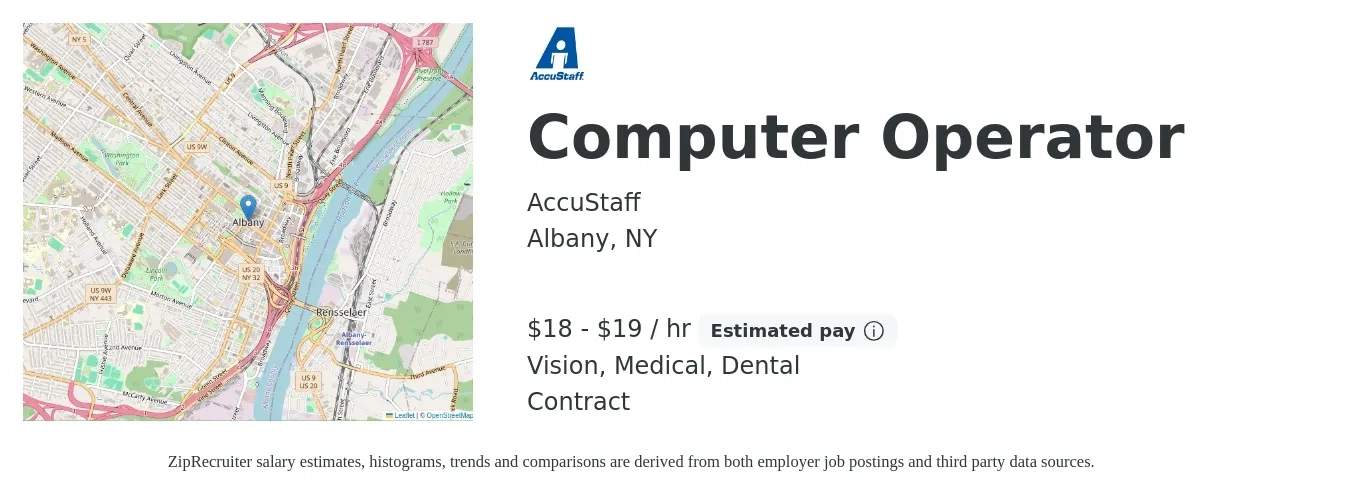 AccuStaff job posting for a Computer Operator in Albany, NY with a salary of $19 to $20 Hourly and benefits including vision, dental, and medical with a map of Albany location.