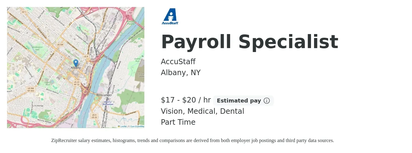 AccuStaff job posting for a Payroll Specialist in Albany, NY with a salary of $18 to $21 Hourly and benefits including vision, dental, and medical with a map of Albany location.