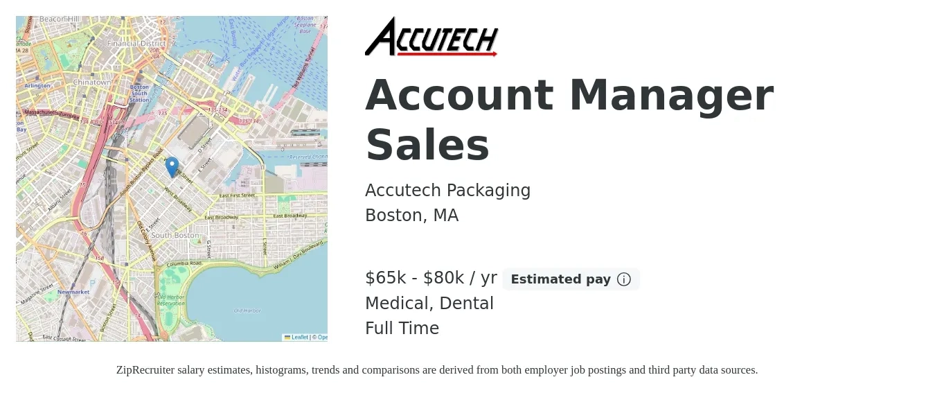 Accutech Packaging job posting for a Account Manager Sales in Boston, MA with a salary of $65,000 to $80,000 Yearly and benefits including medical, retirement, dental, and life_insurance with a map of Boston location.