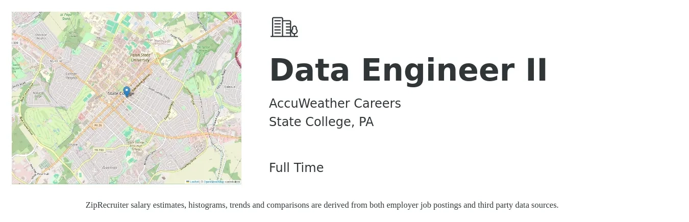 AccuWeather Careers job posting for a Data Engineer II in State College, PA with a salary of $112,000 to $134,500 Yearly with a map of State College location.