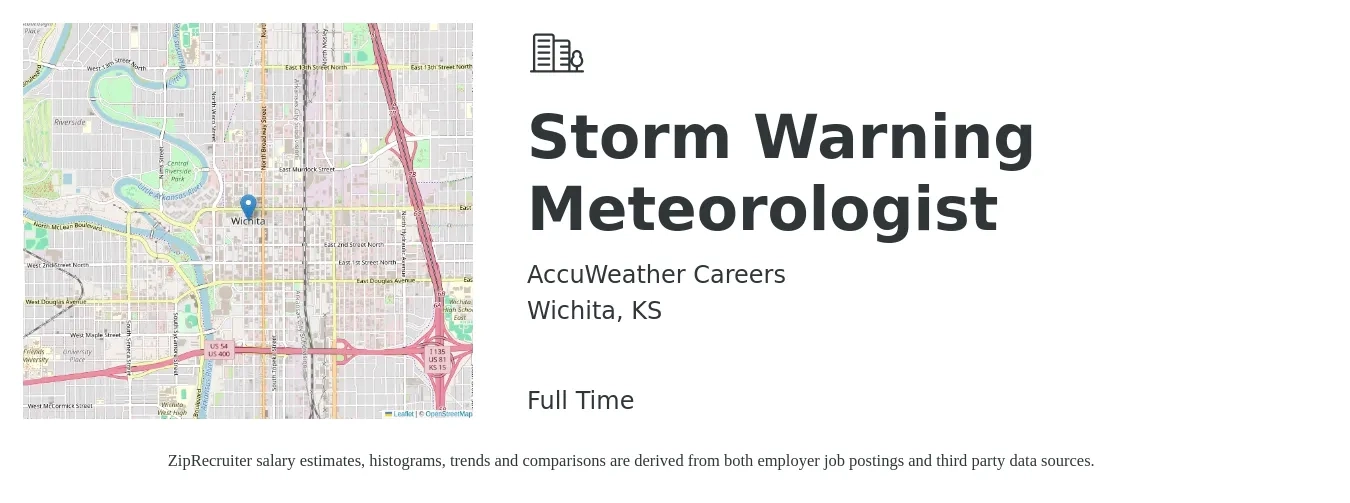 AccuWeather Careers job posting for a Storm Warning Meteorologist in Wichita, KS with a salary of $86,900 Yearly with a map of Wichita location.
