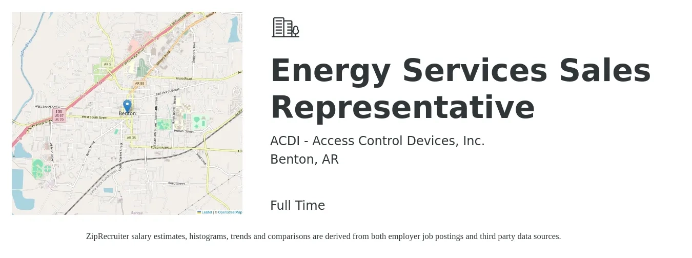 ACDI - Access Control Devices, Inc. job posting for a Energy Services Sales Representative in Benton, AR with a salary of $15 to $23 Hourly with a map of Benton location.