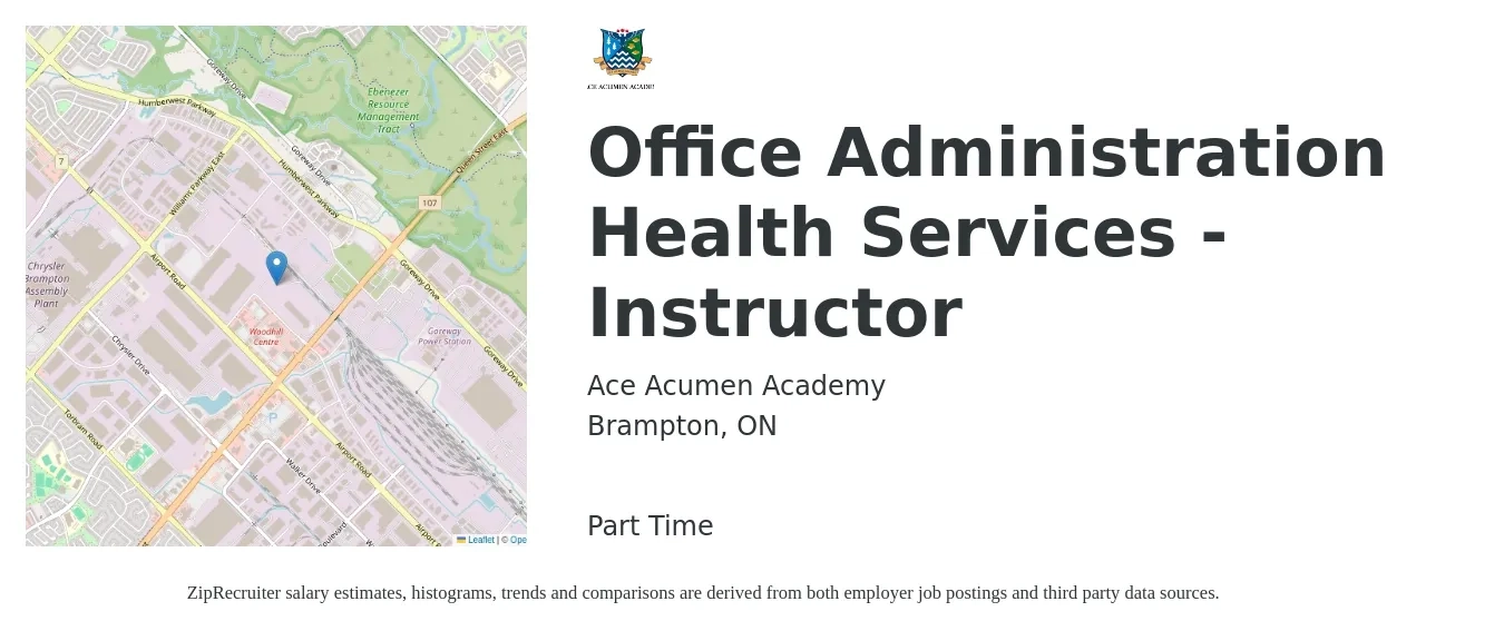 Ace Acumen Academy job posting for a Office Administration Health Services - Instructor in Brampton, ON with a map of Brampton location.