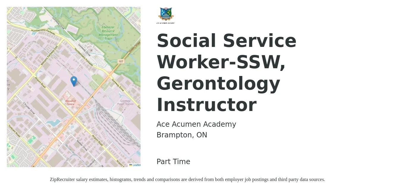 Ace Acumen Academy job posting for a Social Service Worker-SSW, Gerontology Instructor in Brampton, ON with a map of Brampton location.