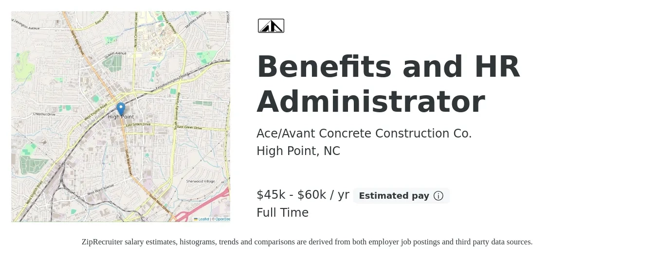 Ace/Avant Concrete Construction Co. job posting for a Benefits and HR Administrator in High Point, NC with a salary of $45,000 to $60,000 Yearly with a map of High Point location.