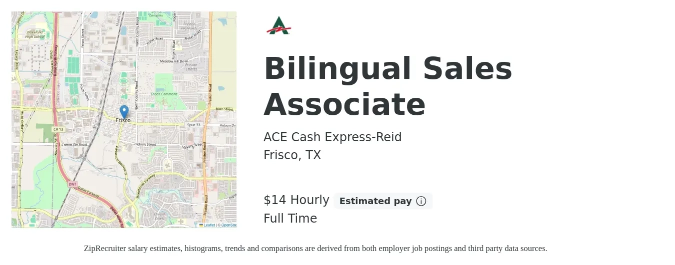 ACE Cash Express-Reid job posting for a Bilingual Sales Associate in Frisco, TX with a salary of $15 Hourly with a map of Frisco location.
