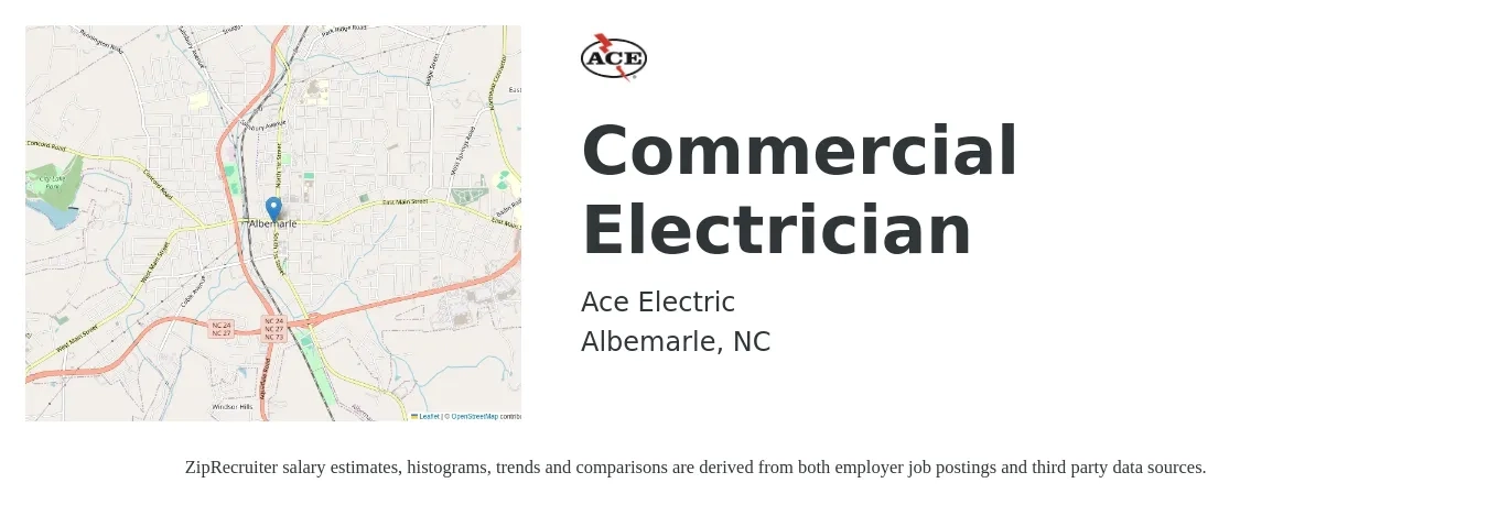Ace Electric job posting for a Commercial Electrician in Albemarle, NC with a salary of $22 to $27 Hourly with a map of Albemarle location.