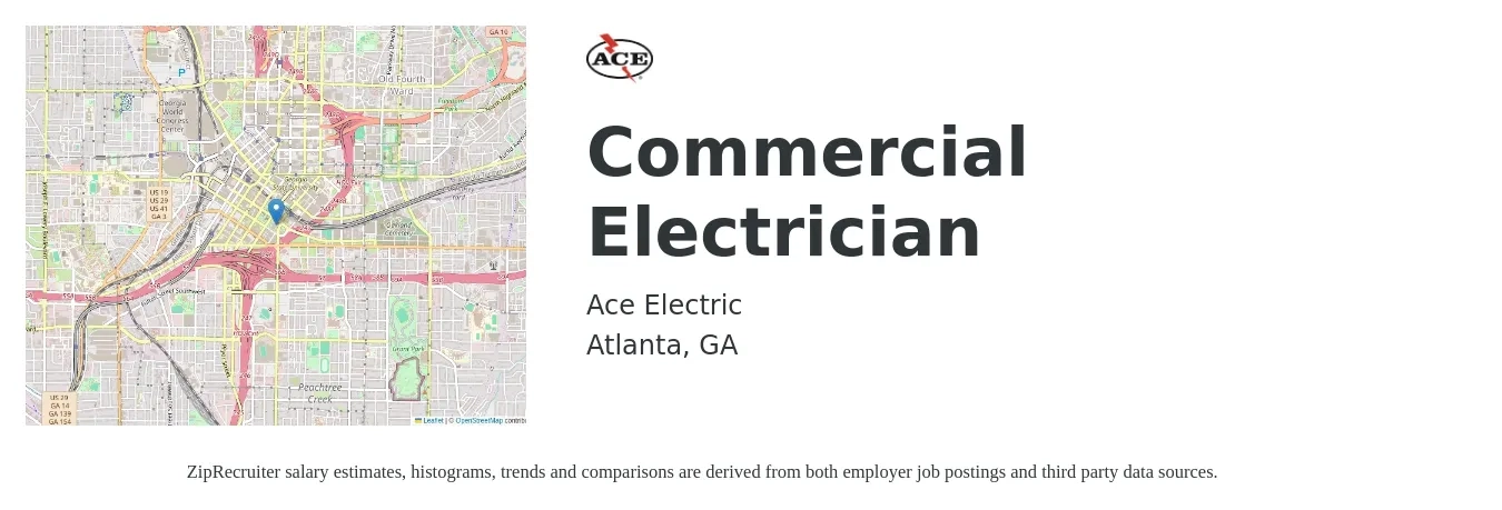 Ace Electric job posting for a Commercial Electrician in Atlanta, GA with a salary of $23 to $28 Hourly with a map of Atlanta location.