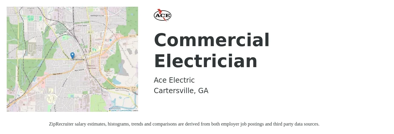 Ace Electric job posting for a Commercial Electrician in Cartersville, GA with a salary of $22 to $26 Hourly with a map of Cartersville location.