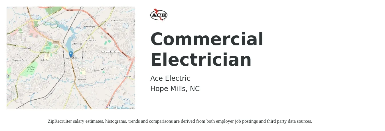Ace Electric job posting for a Commercial Electrician in Hope Mills, NC with a salary of $23 to $28 Hourly with a map of Hope Mills location.