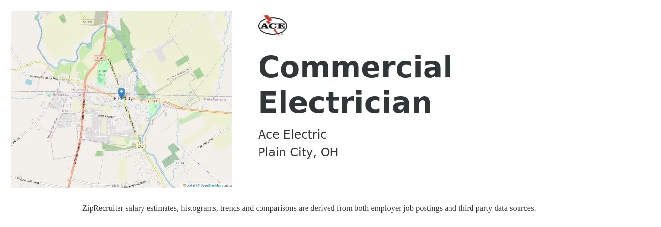 Ace Electric job posting for a Commercial Electrician in Plain City, OH with a salary of $24 to $29 Hourly with a map of Plain City location.