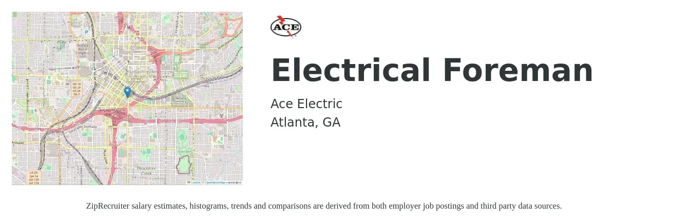 Ace Electric job posting for a Electrical Foreman in Atlanta, GA with a salary of $30 to $46 Hourly with a map of Atlanta location.