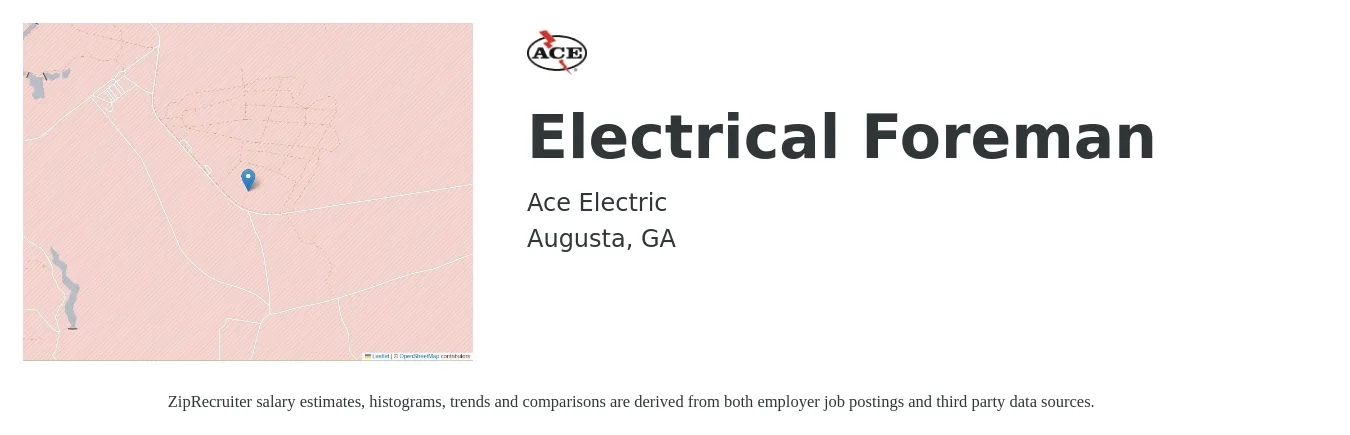 Ace Electric job posting for a Electrical Foreman in Augusta, GA with a salary of $25 to $38 Hourly with a map of Augusta location.