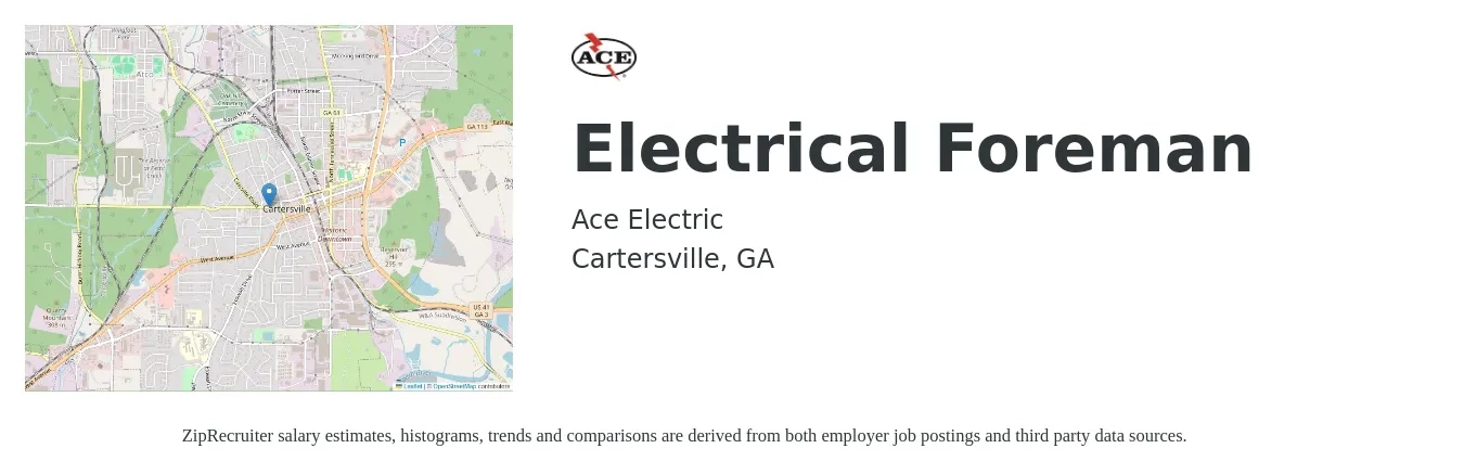 Ace Electric job posting for a Electrical Foreman in Cartersville, GA with a salary of $28 to $42 Hourly with a map of Cartersville location.