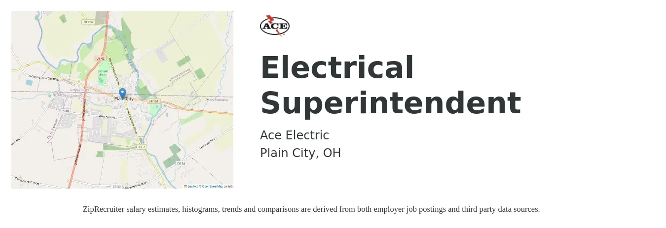 Ace Electric job posting for a Electrical Superintendent in Plain City, OH with a salary of $31 to $47 Hourly with a map of Plain City location.
