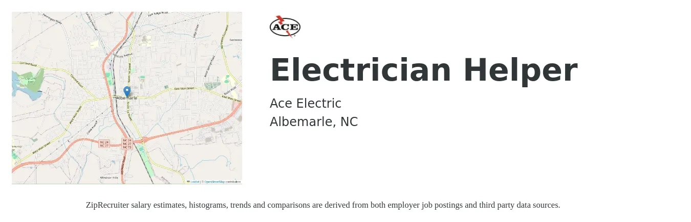 Ace Electric job posting for a Electrician Helper in Albemarle, NC with a salary of $16 to $20 Hourly with a map of Albemarle location.