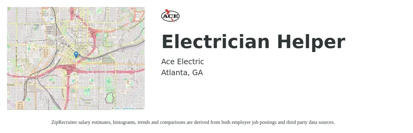 Ace Electric job posting for a Electrician Helper in Atlanta, GA with a salary of $16 to $21 Hourly with a map of Atlanta location.
