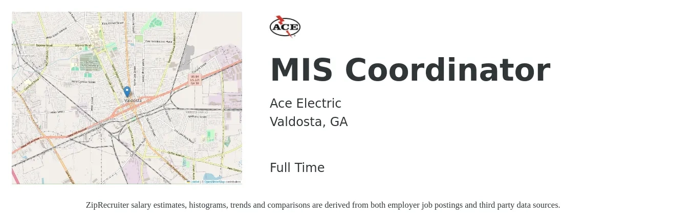 Ace Electric job posting for a MIS Coordinator in Valdosta, GA with a salary of $17 to $24 Hourly with a map of Valdosta location.