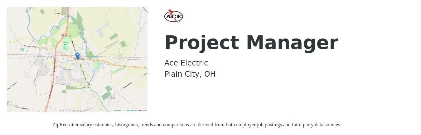 Ace Electric job posting for a Project Manager in Plain City, OH with a salary of $77,500 to $121,500 Yearly with a map of Plain City location.