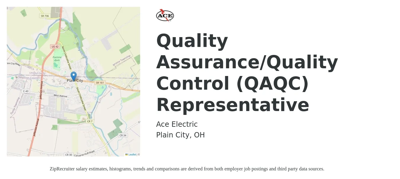 Ace Electric job posting for a Quality Assurance/Quality Control (QAQC) Representative in Plain City, OH with a salary of $59,800 to $98,800 Yearly with a map of Plain City location.