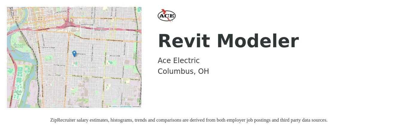 Ace Electric job posting for a Revit Modeler in Columbus, OH with a salary of $30 to $42 Hourly with a map of Columbus location.
